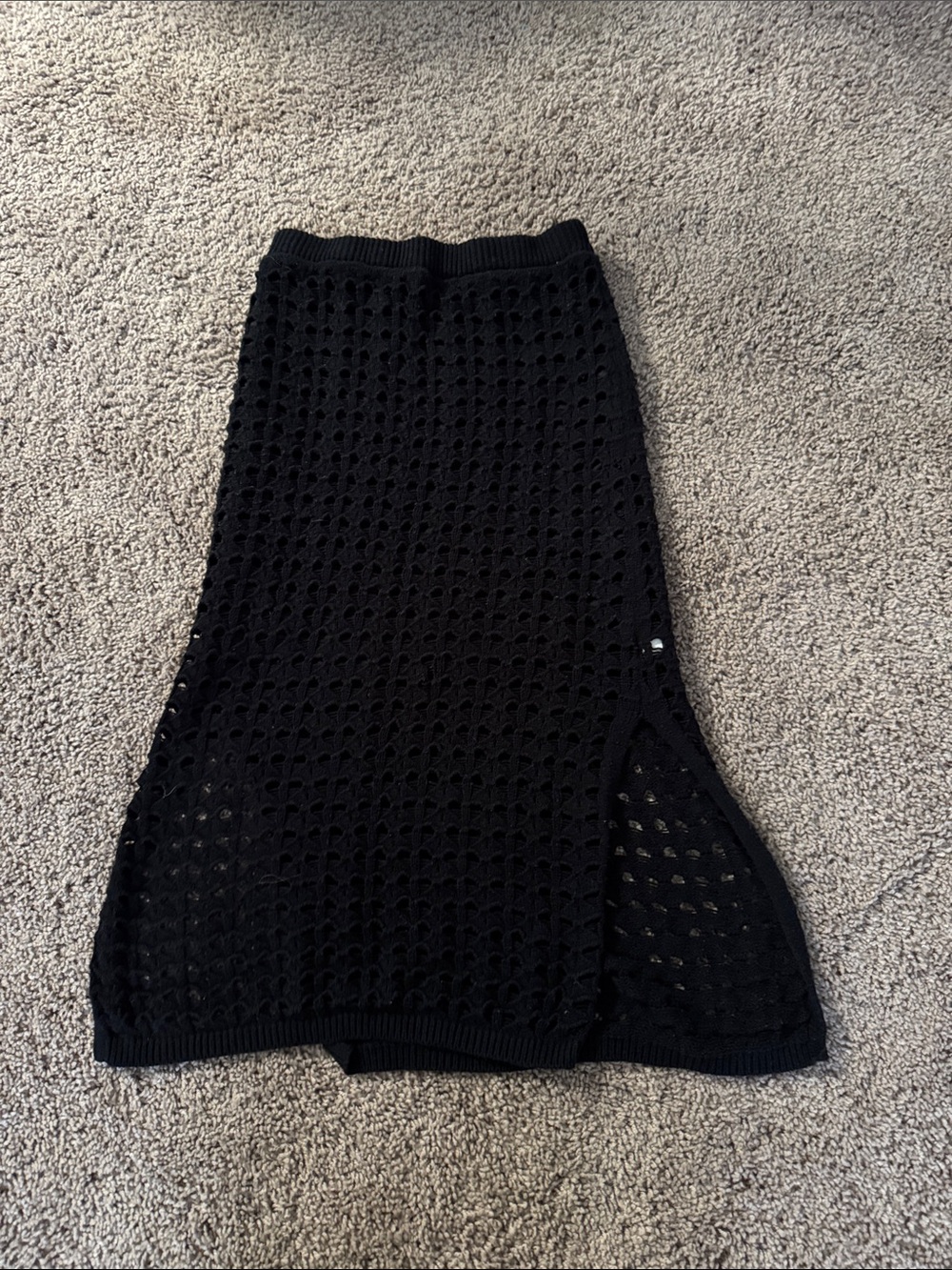 Black Crochet Knit Midi Skirt with Side Slit